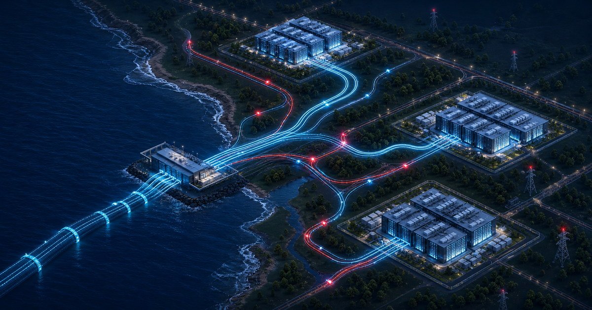 Illustration of a coastal cable landing point linking data-centre campuses through separate fibre routes.